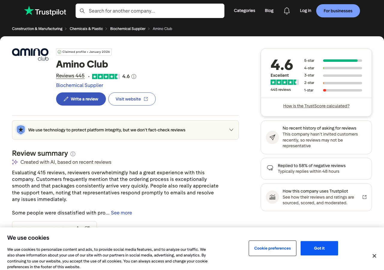 Trustpilot structured data for the Amino Club profile, showing the business name Amino Club, a rating value of 4.6 out of 5, and a review count of 445, captured on 24 August 2026.