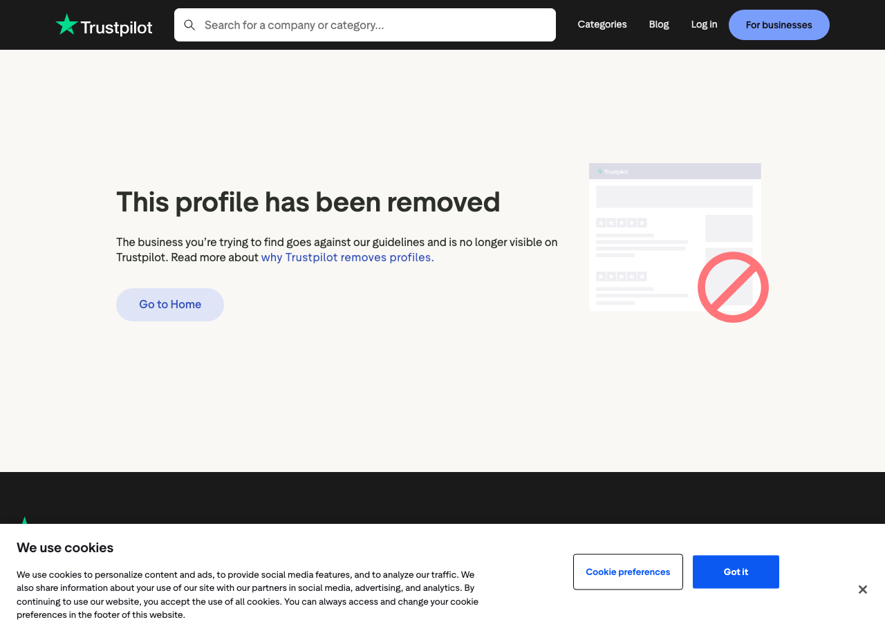 The Trustpilot page for apexpeptides.org showing a profile-removed notice, with no star rating and no review count displayed.