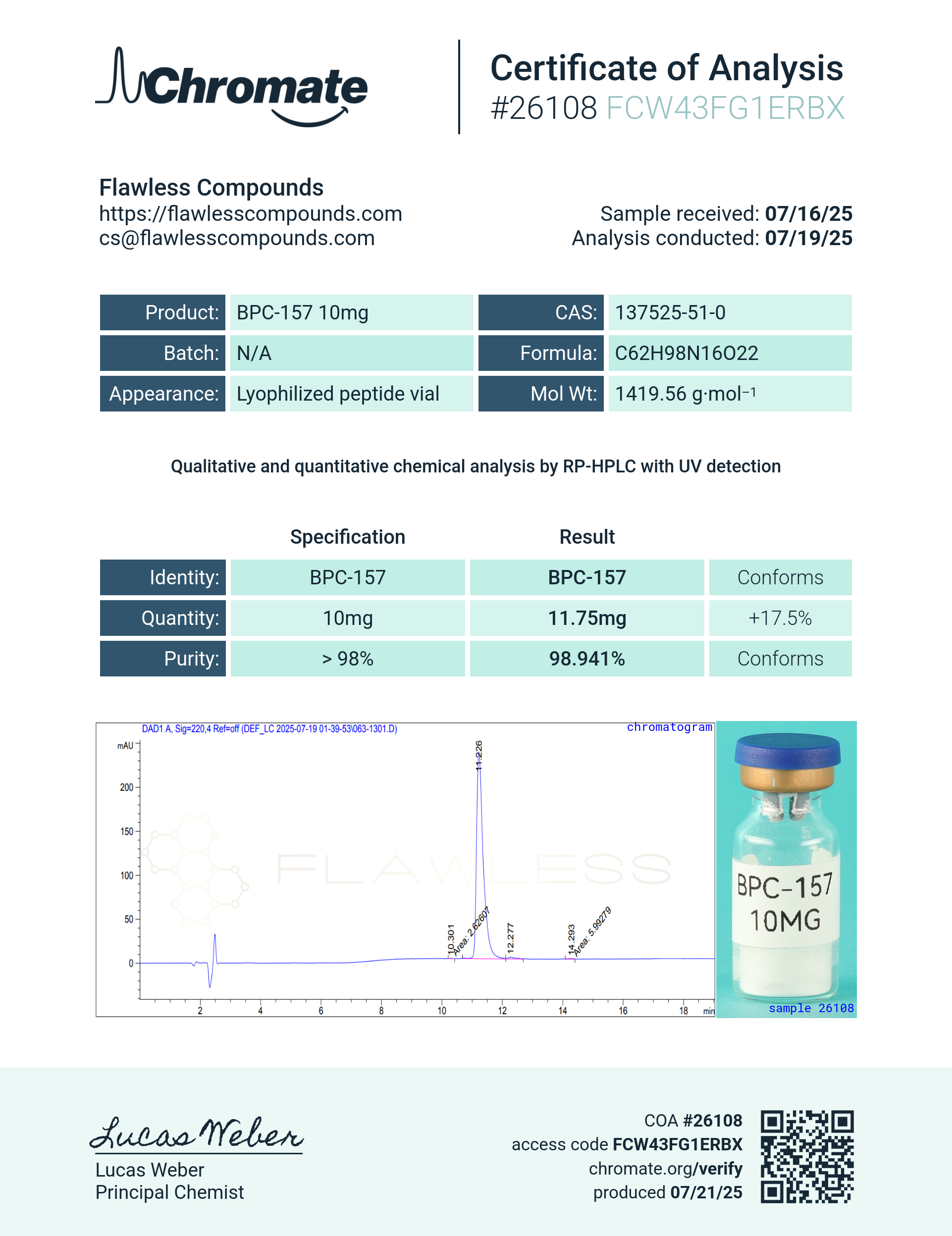 A Chromate certificate of analysis for Flawless Compounds BPC-157 10mg, certificate number 26108, showing client Flawless Compounds, method RP-HPLC with UV detection, identity BPC-157 Conforms, quantity 11.75mg against a 10mg specification, purity 98.941 percent, a chromatogram, a photograph of the labelled vial marked sample 26108, a QR code, and a signature for Lucas Weber, Principal Chemist.