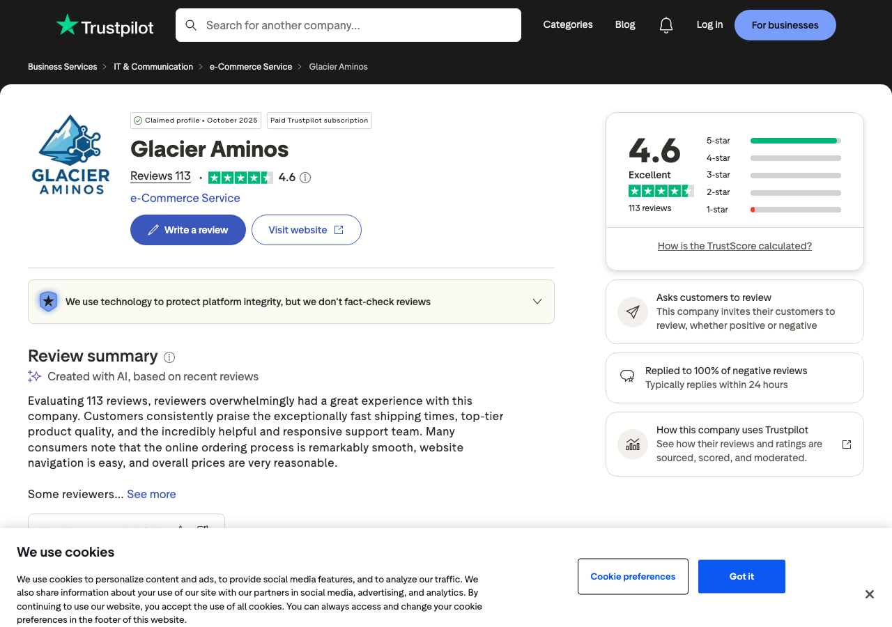 The Trustpilot profile page for glacieraminos.shop, showing the business name Glacier Aminos, a rating of 4.6 out of 5, and a review count of 113.