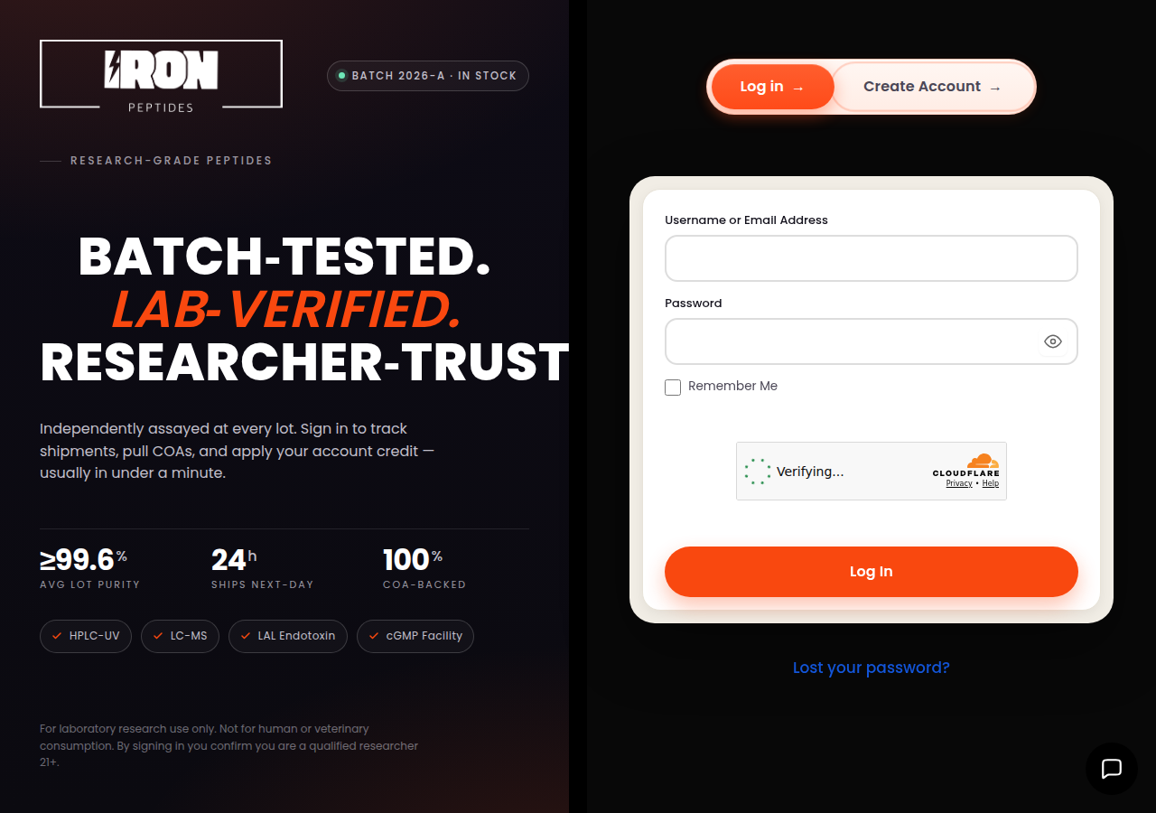 The Iron Peptides access gate at ironpeptides.is, showing a username and password sign in form with a Cloudflare verification step on the right, beside the brand's own headline reading Batch-tested, Lab-verified, Researcher-trusted, a stats row reading at least 99.6 percent average lot purity, 24 hour next-day shipping, and 100 percent COA-backed, method badges labelled HPLC-UV, LC-MS, LAL Endotoxin and cGMP Facility, and a research use only notice.