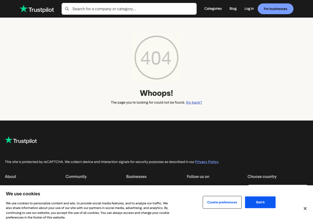 Trustpilot's generic 404 page returned for the Iron Peptides profile URL, reading Whoops, the page you are looking for could not be found.