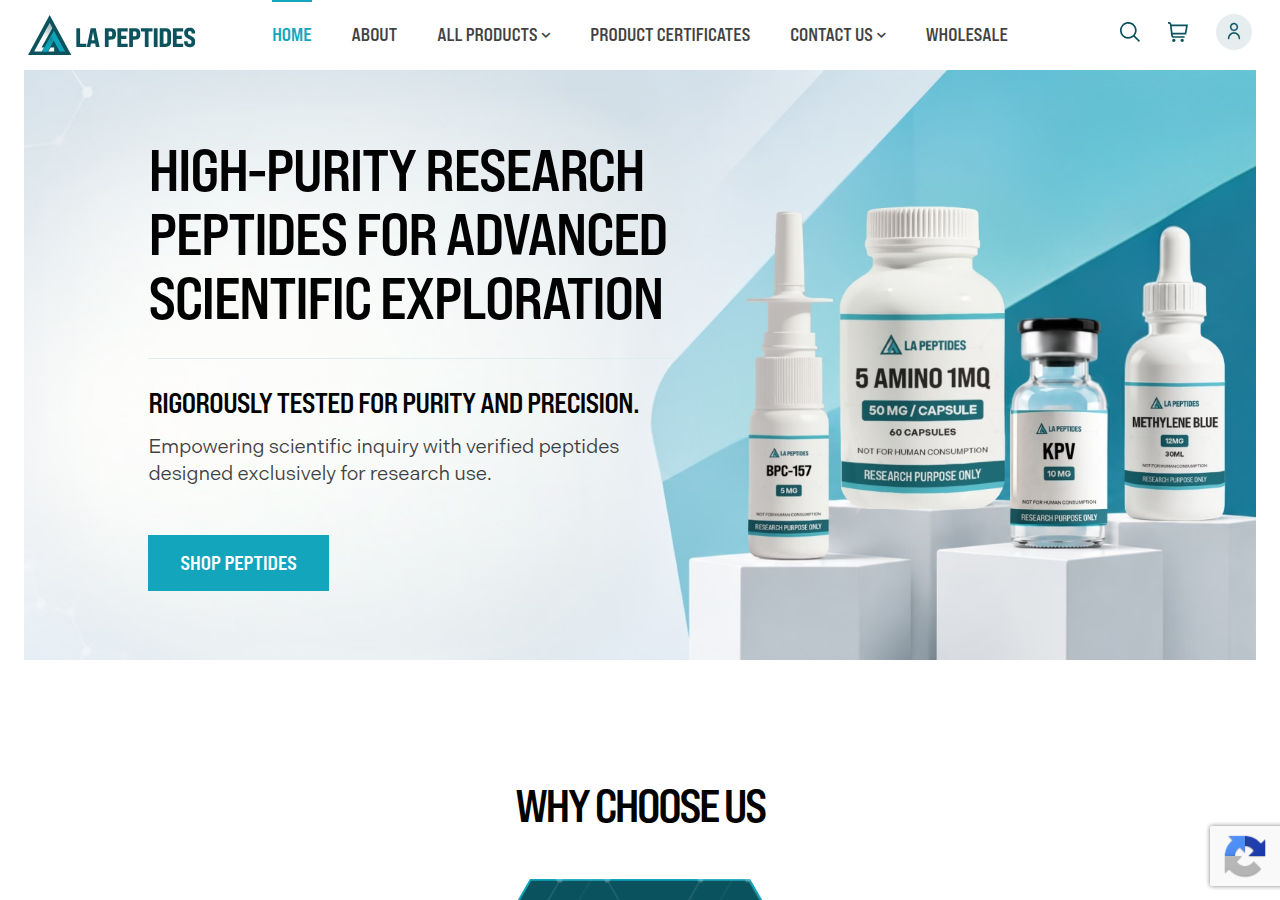 The LA Peptides shop page at lapeptides.net, showing a grid of research peptide products with names, prices, and Add to cart buttons visible to a visitor who is not signed in.