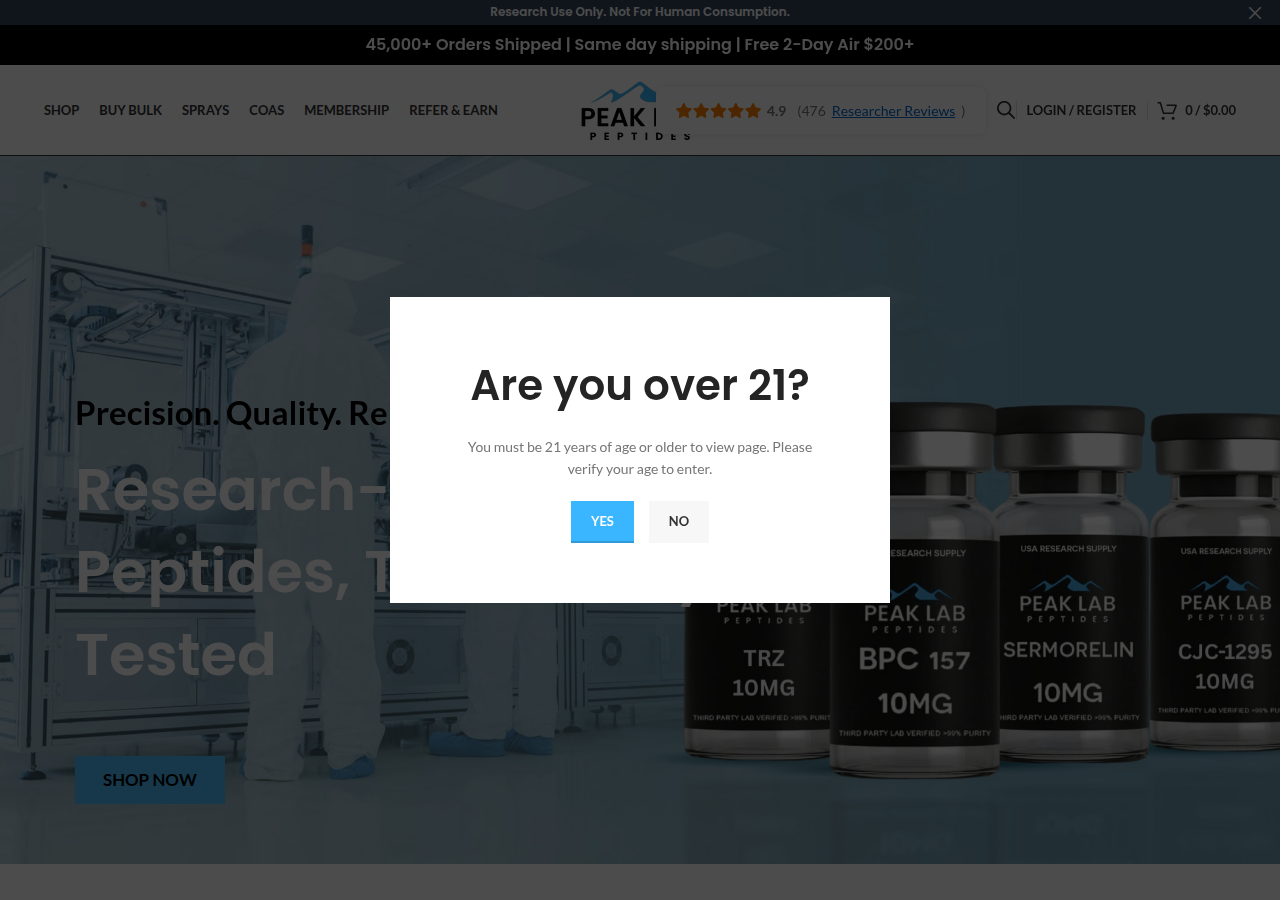 A page captured from the Peak Lab Peptides site at peaklabpeptides.com on 23 August 2026.