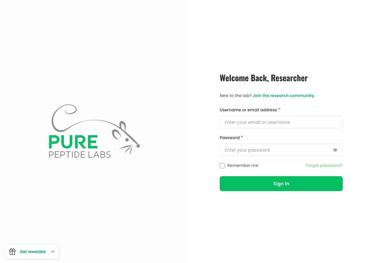 The Pure Peptide Labs storefront showing a sign in form headed Welcome Back, Researcher, with username and password fields and an invitation reading New to the lab? Join the research community, in place of a product catalog.