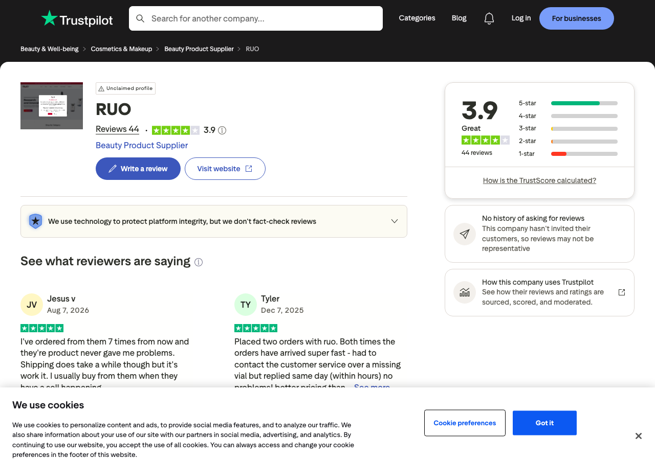 The Trustpilot profile page for ruo.bio, showing the name RUO, a TrustScore of 3.9 out of 5 marked Great, a total of 44 reviews, an Unclaimed profile label, and the category Beauty Product Supplier, with a rating distribution weighted toward 5 stars alongside a visible 1 star bar.